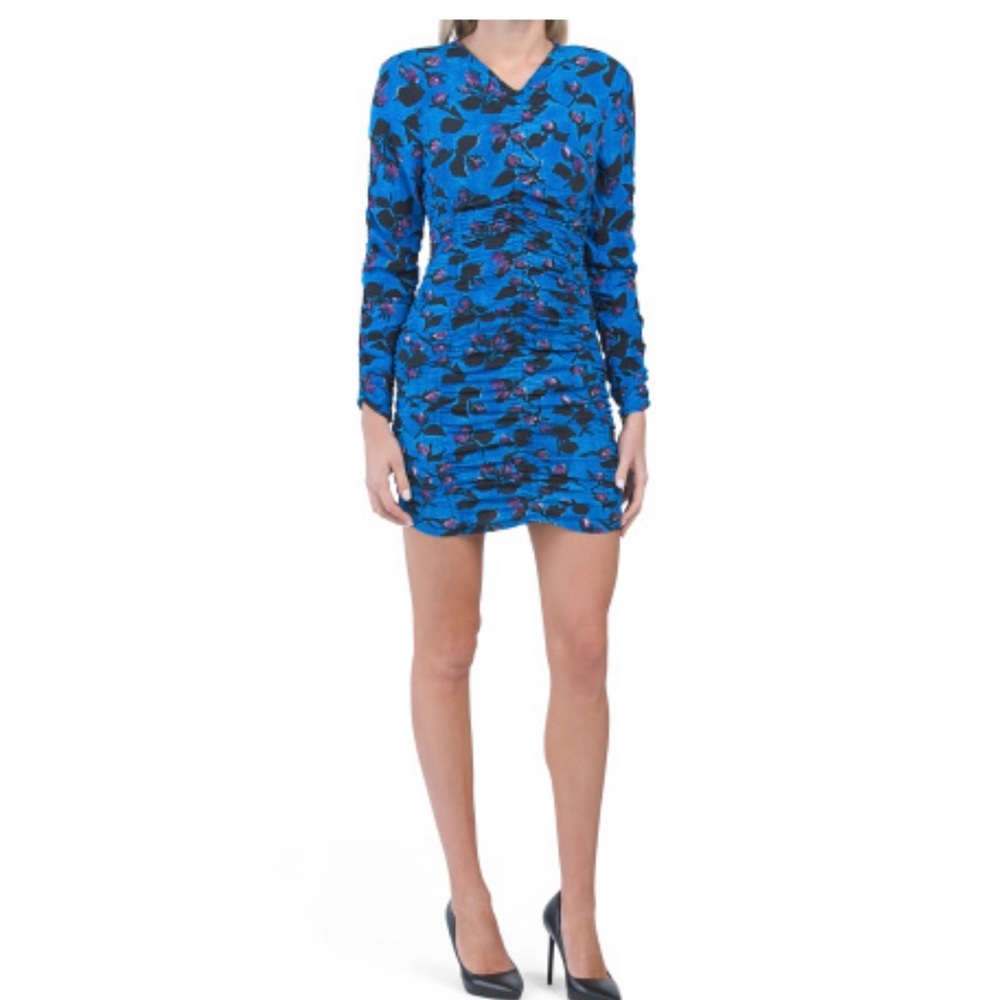 Zara Ruched Floral Print Blue Dress Size Small Long Sleeve